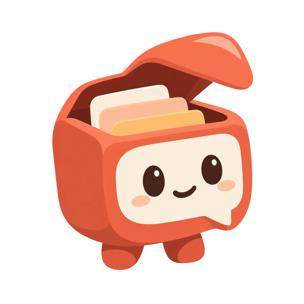 Boxie, a smiling coral inbox creature with a speech-bubble face