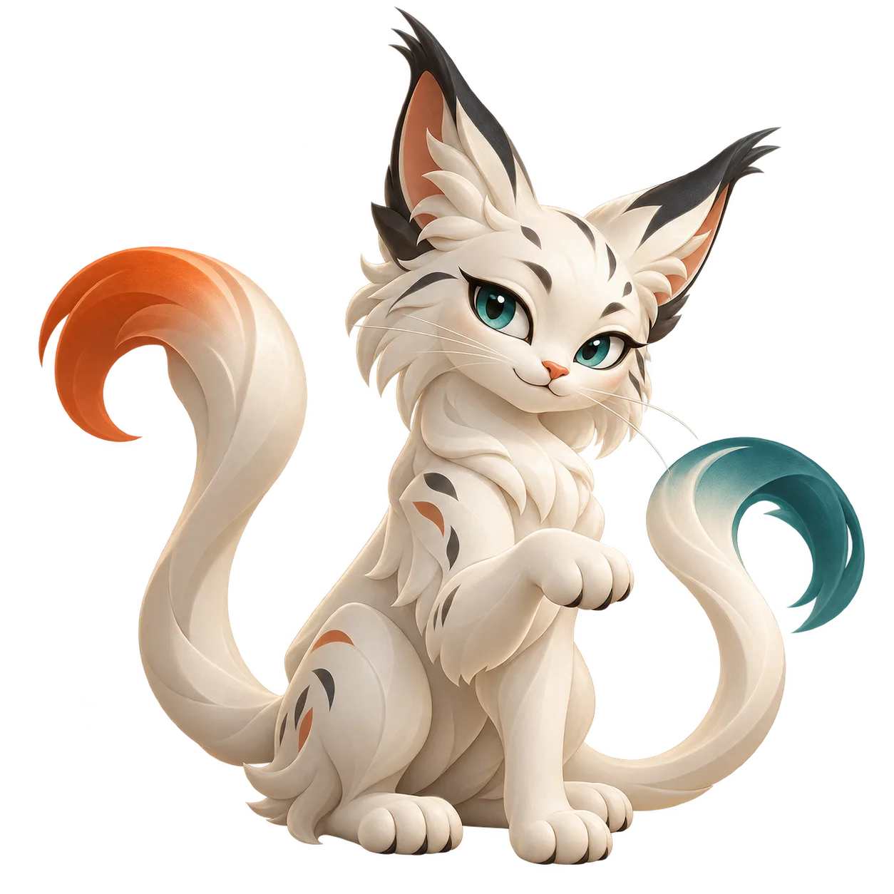 Mux, an ivory lynx with teal and orange twin tails
