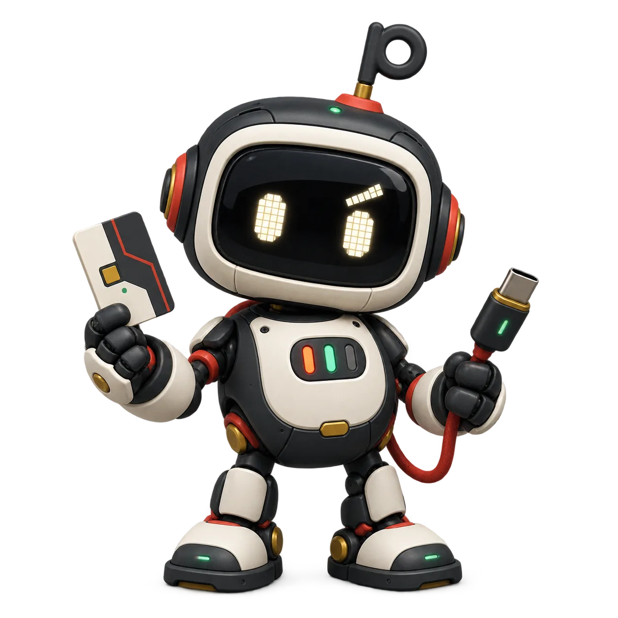 Pocket Bot, a small cream and black robot holding a cable and disk